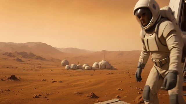 Astronauts unload cargo from a landed spacecraft on planet Mars. Establishing a settlement in a rocky, desert landscape. Tilt down shot reveals the colony.