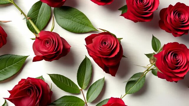 Roses are beautifully arranged on a white surface showcasing vibrant colors and lush green leaves for a pleasing visual experience