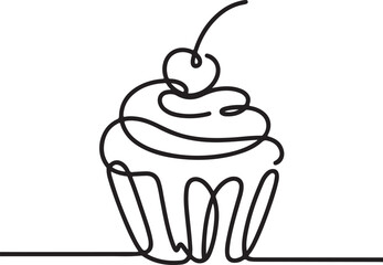 Continuous Line Art Illustration of Cherry Topped Cupcake