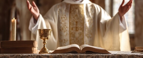 The Chalice and Open Bible on an Altar During a Sacred Mass