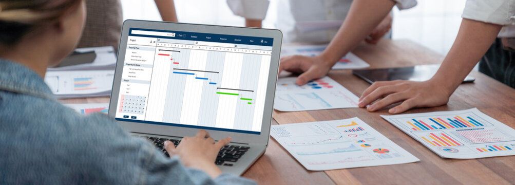 Project planning software for brisk business project management on the computer screen showing timeline chart of the team project