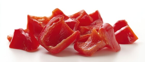 The Red Bell Pepper Pieces on White Background Fresh Sliced Vegetable Food Closeup
