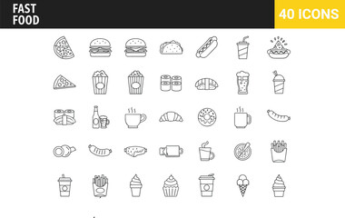 Linear vector icon set of fast food, snacks, drinks, burgers, and pizza, isolated illustration collection for restaurant menu design project.