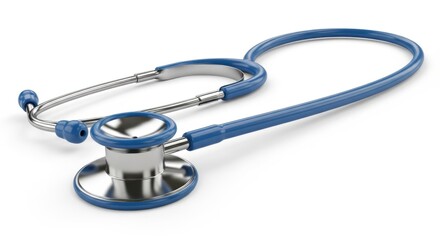 Blue stethoscope with silver metal components on a white surface white background