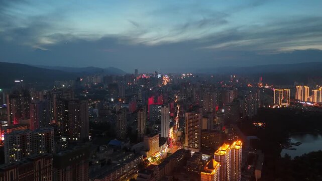Xining Qinghai City Skyline at Night - Twilight Hour Urban View