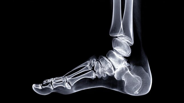 Human foot X-ray side view showing bone structure and skeletal anatomy on black background