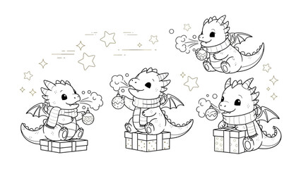 Whimsical Dragon Celebration: Charming cartoon dragons adorned with winter scarves, playfully engaging with ornaments and gifts.
