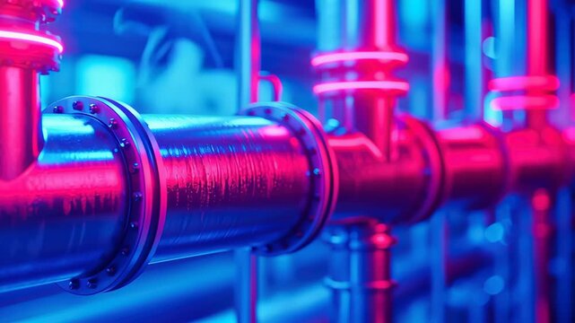 Neon pipeline industrial pipe metal tube factory blue light pink glow bolts flange machinery technology futuristic mood sleek vibe metal valve