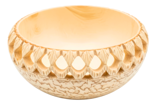 Carved wooden bowl with decorative geometric pattern isolated on a transparent background