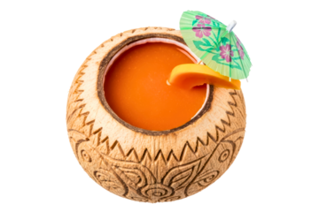 Tropical orange cocktail in coconut shell with green paper umbrella isolated on a transparent background