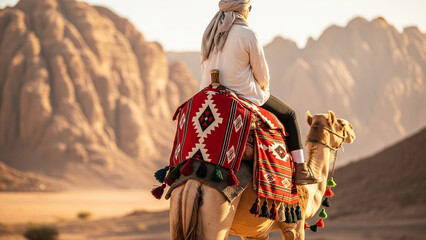 Rear view of person riding camel with traditional Saudi Sadu saddle in AlUla desert mountains