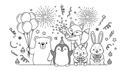 Celebration Friends: Joyful animals celebrating a festive occasion with balloons, confetti, and fireworks, a whimsical and celebratory scene.