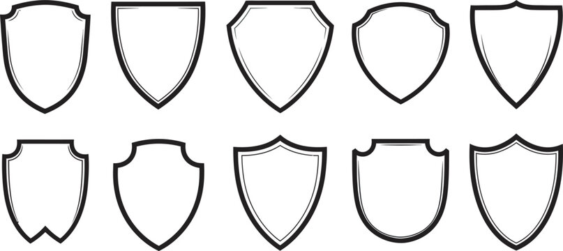 Set of ten distinct classic shield outlines in a minimalist black and white style, representing protection, security, and achievement badge vector design elements Vector - Powered by Adobe