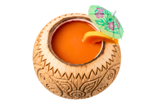 Tropical orange cocktail in coconut shell with green paper umbrella isolated on a transparent background