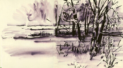  Winter landscape. Drawing ink and watercolor.