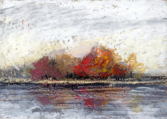 Autumn landscape. Oil pastel drawing.  Hand-drawn illustration.