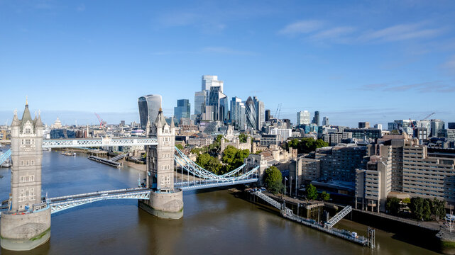 Aerial view of Tower Bridge over the Thames in London