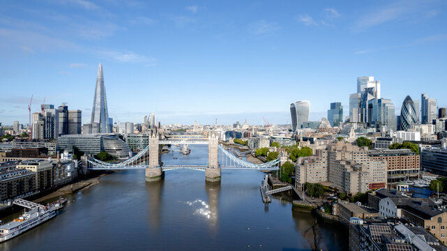 Aerial view of Tower Bridge over the Thames in London