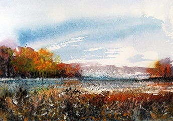 Autumn landscape. Oil pastel drawing.  Hand-drawn illustration.