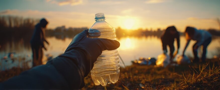 The plastic bottle held by a volunteer during a sunset lakeside cleanup effort