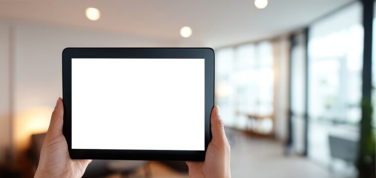 The Tablet with Blank Screen Held by Hands in Modern Office Interior - Powered by Adobe