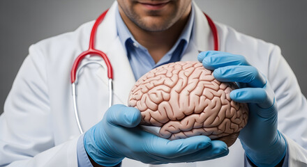 Doctor holding a brain model in medical setting illustrating neurology psychiatry mental health or brain injury concepts neuroscience research and brain health for medicine 180chars
