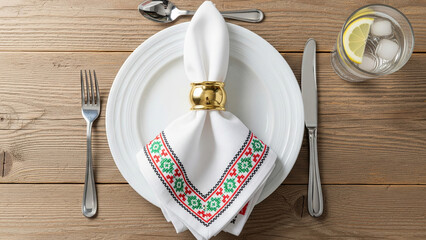 Top view of elegant table setting with traditional geometric embroidered napkin and cutlery