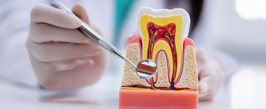 The tooth model with dental mirror illustrating internal anatomy and root canal structure