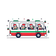 Festive holiday bus carrying joyful children adorned in santa hats spreading christmas cheer