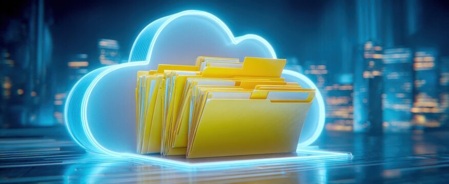 The Cloud with Yellow File Folders Representing Digital Data Storage