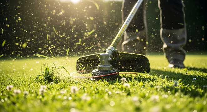 Precision Lawn Care: Achieving the Perfect Cut with a Professional Trimmer for a Healthy Lush Green Grass Backyard in the Golden Hour Light of Summer 180chars