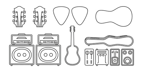 Outline illustration of guitar heads picks body amps case and effects pedals