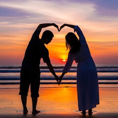 Romantic couple forming heart shape with hands on beach at sunset