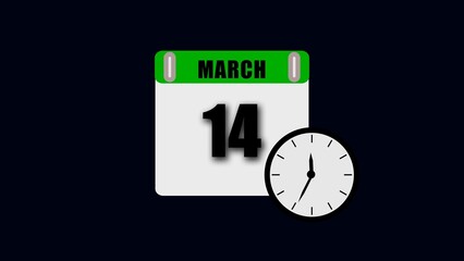 March 14th Calendar Page with Clock Showing Almost 6O' Clock on Dark Background fourteenth date