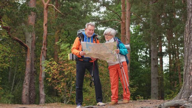 Hiking tourism. Senior couple man woman looking track in paper map enjoying hiking in forest. Happy old people backpackers hikers enjoy walking hike trekking tourism active vacation beauty of nature