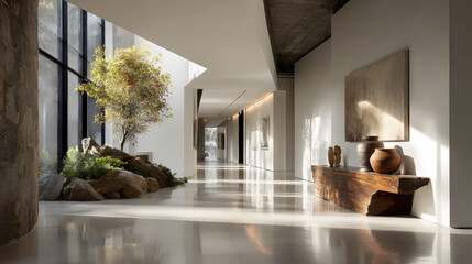 Minimalistic space with natural light reflecting off smooth surfaces 