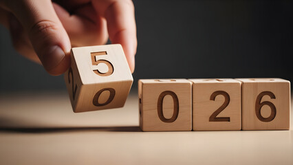 Hand changing wooden blocks to display the number 5026 on a table