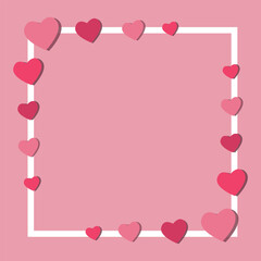 Elements in shape of hearts with white frame on pink background. Vector symbols of love for Happy Mother's, Valentine's Day or birthday greeting card design