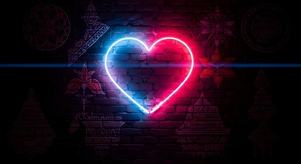 Glowing neon heart on dark brick wall romantic love symbol