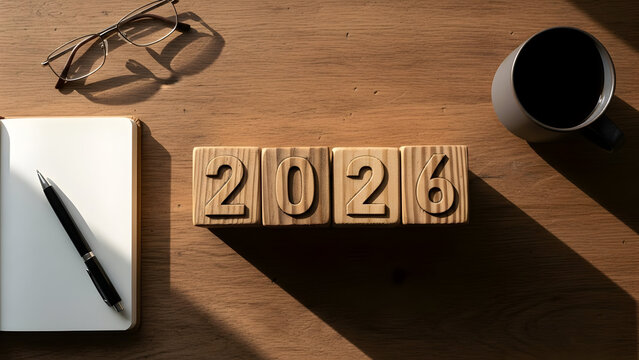 Planning for the future 2026 new year goals and resolutions on wooden desk