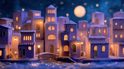 Obraz premium Miniature village scene with glowing lights under a full moon at night