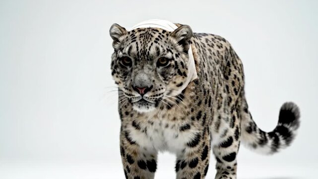 A snow leopard with a bandage around its head stands against a plain white background