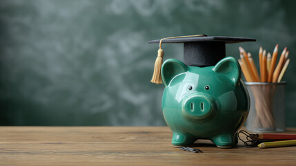 Piggy bank wearing graduation cap symbolizes education savings and financial goals