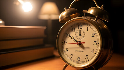 Vintage alarm clock on a desk with books and lamp in background
