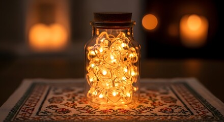 Warm glowing fairy lights inside glass jar on decorative tablecloth