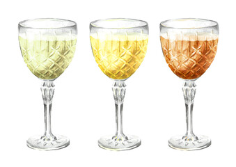 Crystal goblet, glass of liqueur or tincture set.  Hand drawn watercolor illustration, isolated on white background