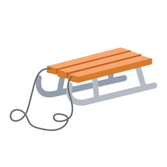 A wooden sled with metal runners. A control cord is attached to the front.