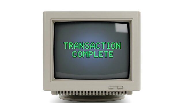 Old CRT monitor on white background displaying transaction complete message
