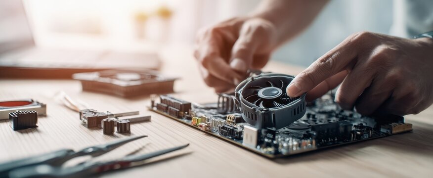 The Motherboard Being Assembled with Cooling Fan on a Wood Workbench