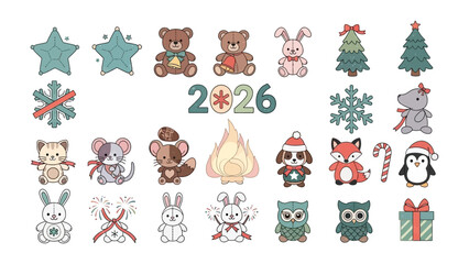 Animated Holiday Collection: An array of delightful illustrated icons representing holiday cheer, from adorable animals in festive attire to twinkling stars, snowflakes, trees.